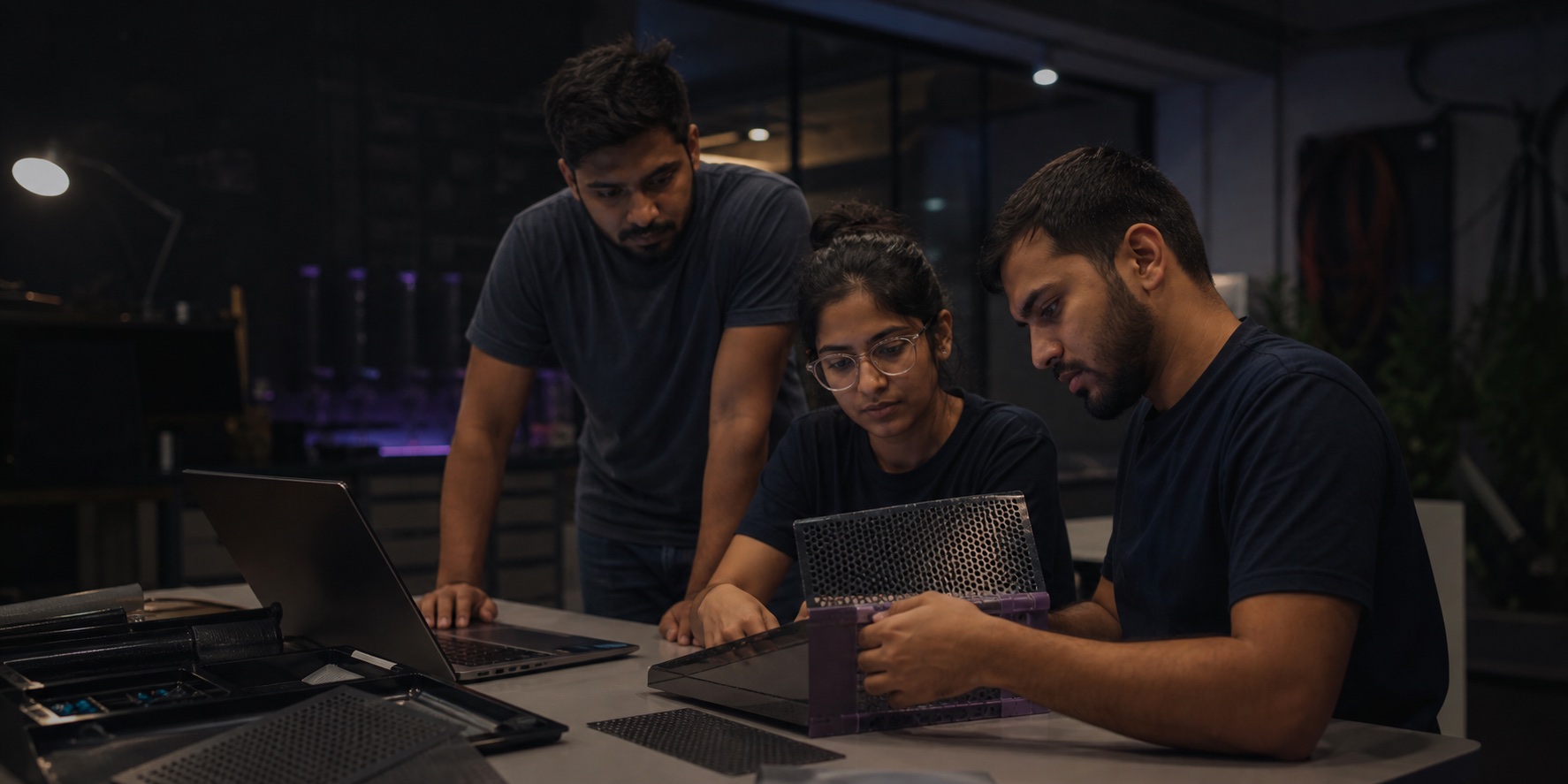 Engineers working together on a technology prototype